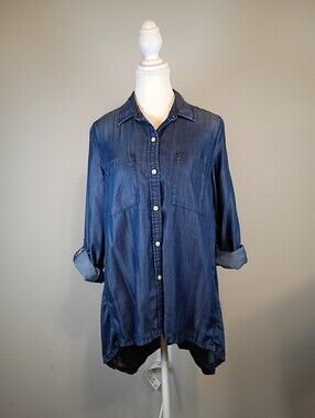 Pure DKNY Women Small Size Lyocell Button-Down Roll-up Tunic Shirt Blouse